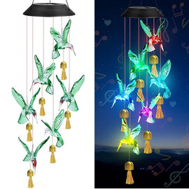 Green Solar Powered Hummingbird Wind Chime(With bell) - Color-Changing LED Hanging Garden Light Outdoor Decor