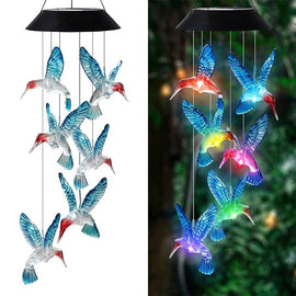 Blue Solar Powered Hummingbird Wind Chime(Without bell) - Color-Changing LED Hanging Garden Light Outdoor Decor