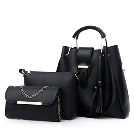Black Chic 3-Piece Women's Handbag Set - PU Leather Tote, Crossbody Bag & Clutch Purse