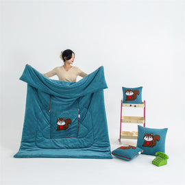 Blue Little Squirrel - 2-in-1 Foldable Car Pillow Blanket - Cozy 40x40cm Pillow, Unfolds to 100x150cm Blanket for Travel and Office Naps