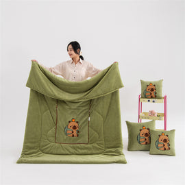 Green Kapybara - 2-in-1 Foldable Car Pillow Blanket - Cozy 40x40cm Pillow, Unfolds to 100x150cm Blanket for Travel and Office Naps
