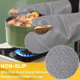 Grayish Set BPA-Free Non-Slip Silicone Oven Mitts - Heat Resistant Gloves with Honeycomb Pattern for Kitchen Safety - 0