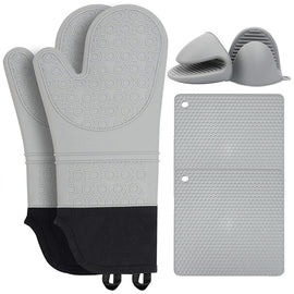 Grey Set BPA-Free Non-Slip Silicone Oven Mitts - Heat Resistant Gloves with Honeycomb Pattern for Kitchen Safety