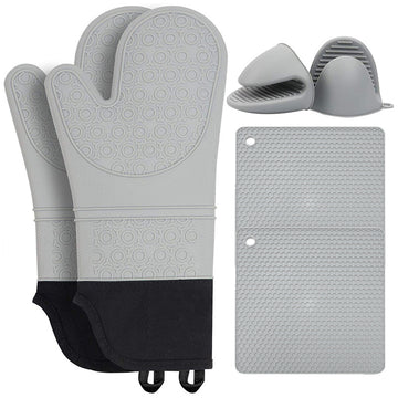 Grey Set BPA-Free Non-Slip Silicone Oven Mitts - Heat Resistant Gloves with Honeycomb Pattern for Kitchen Safety