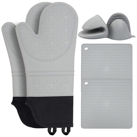 Grey Set BPA-Free Non-Slip Silicone Oven Mitts - Heat Resistant Gloves with Honeycomb Pattern for Kitchen Safety