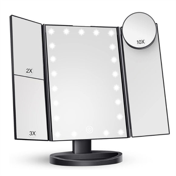 Black LED Lighted Tri-Fold Vanity Mirror with 2X/3X/10X Magnification