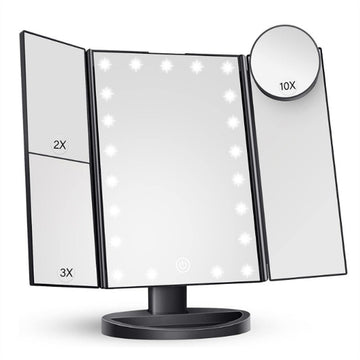 Black LED Lighted Tri-Fold Vanity Mirror with 2X/3X/10X Magnification - 0