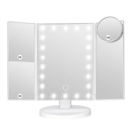 White LED Lighted Tri-Fold Vanity Mirror with 2X/3X/10X Magnification