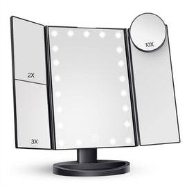 White LED Lighted Tri-Fold Vanity Mirror with 2X/3X/10X Magnification - 0