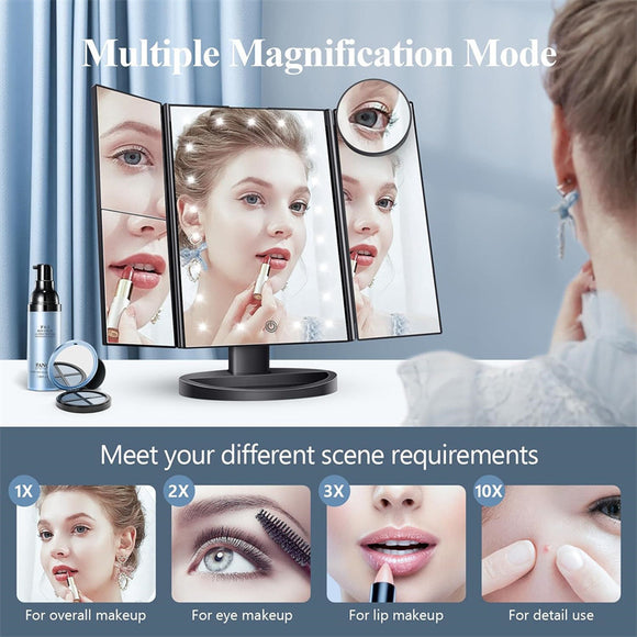 White LED Lighted Tri-Fold Vanity Mirror with 2X/3X/10X Magnification