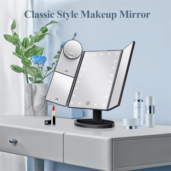 White LED Lighted Tri-Fold Vanity Mirror with 2X/3X/10X Magnification