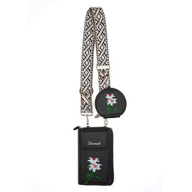 Black Chic Floral Embroidered 2-in-1 Crossbody Phone Bag with Coin Purse