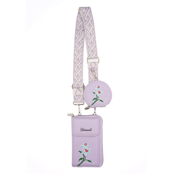 Purple Chic Floral Embroidered 2-in-1 Crossbody Phone Bag with Coin Purse
