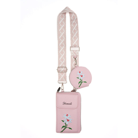 Pink Chic Floral Embroidered 2-in-1 Crossbody Phone Bag with Coin Purse
