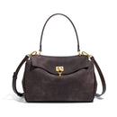 Coffee Women's Vintage Suede Satchel Bag - Elegant Top Handle Purse with Gold Lock-1