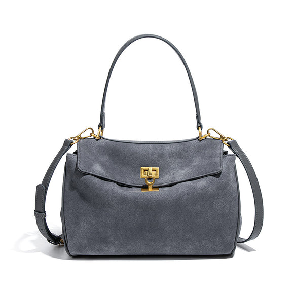 Grey Women's Vintage Suede Satchel Bag - Elegant Top Handle Purse with Gold Lock