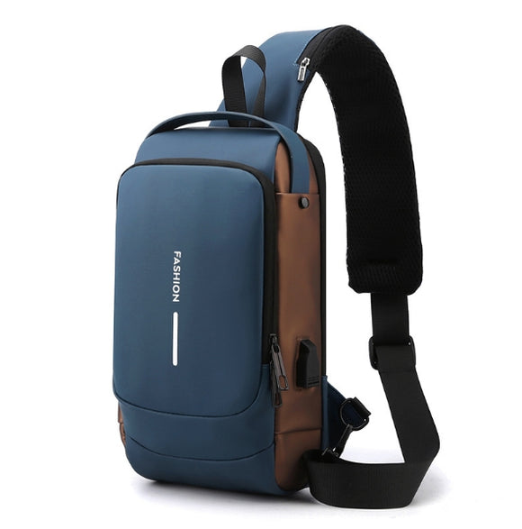Blue Modern Anti-Theft Sling Bag for Men - Crossbody Backpack with USB Port & Combination Lock