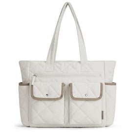 Beige Women's Multi-Pocket Tote Bag - Large Quilted Travel Handbag for Work, Gym, and More