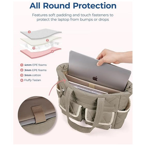 Beige Women's Multi-Pocket Tote Bag - Large Quilted Travel Handbag for Work, Gym, and More