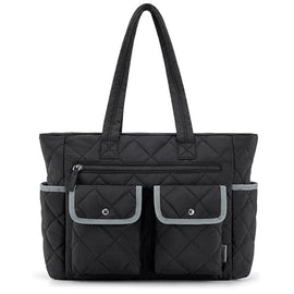 Black Women's Multi-Pocket Tote Bag - Large Quilted Travel Handbag for Work, Gym, and More