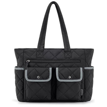 Black Women's Multi-Pocket Tote Bag - Large Quilted Travel Handbag for Work, Gym, and More