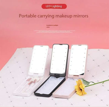 2-Piece Pink Portable LED Makeup Mirror with Brush - Foldable, Rotatable, and Rechargeable Travel Vanity Mirror - 0