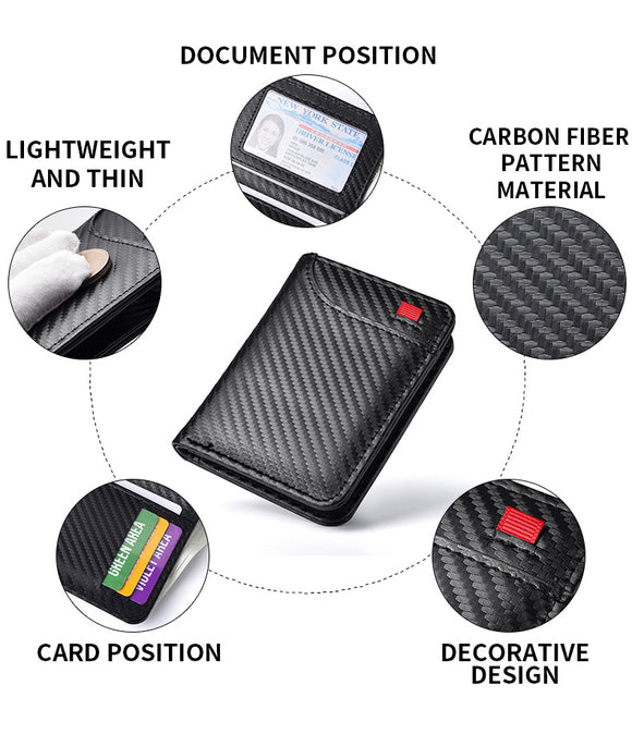 Black Sleek Carbon Fiber Vertical Wallet for Men - Slim Bifold Card Holder with Clear ID Window