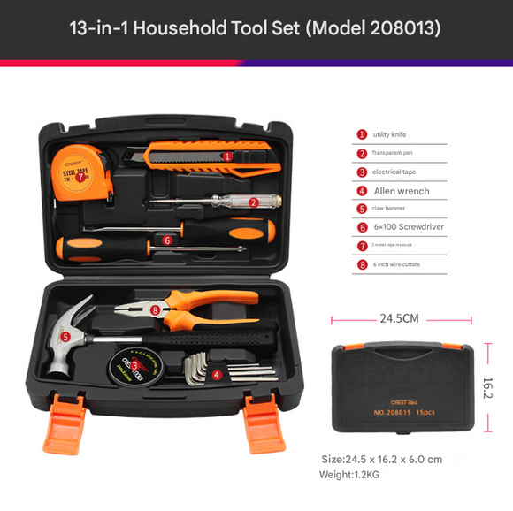 13-Piece Compact Household Tool Kit - Essential Hand Tool Set for Home DIY & Repairs