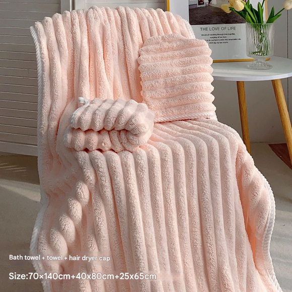 Pink Plush Ribbed Coral Fleece 3-Piece Towel Set - Ultra Soft & Absorbent Bath, Hand Towel and Hair Wrap