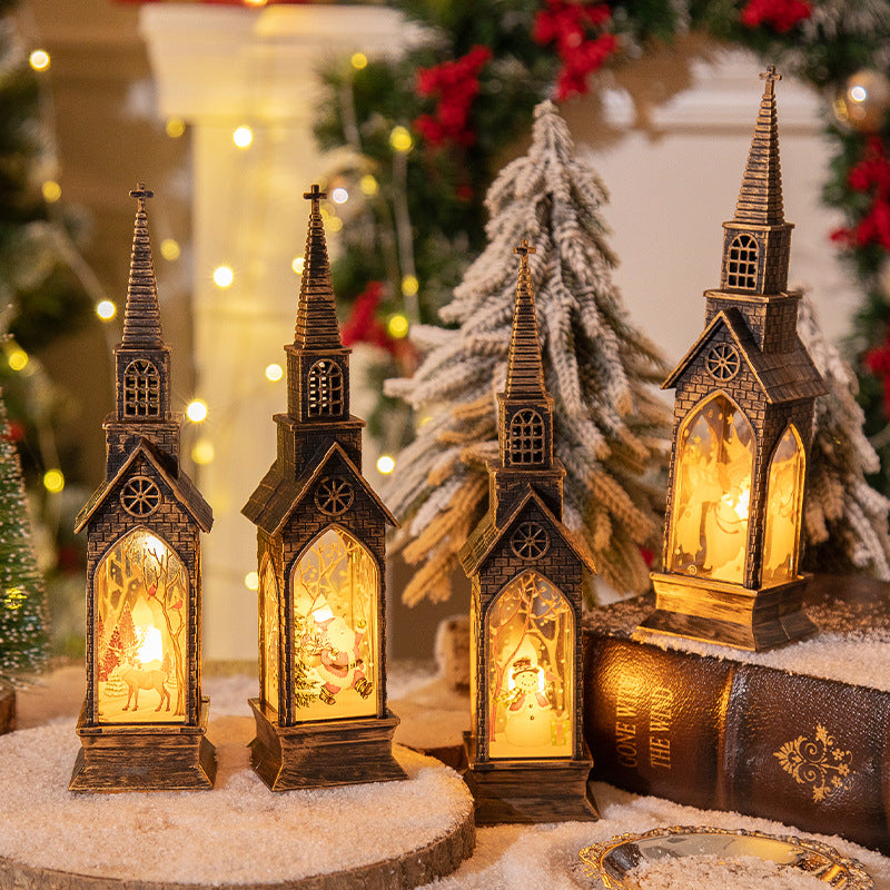 3-pcs Church Snowman Vintage Christmas Church LED Lantern - Battery Operated Decorative Holiday Night Light - 0