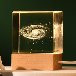 Milky Way Luminous 3D Crystal Cube Night Light - Laser Engraved Artwork with Solid Wood Base