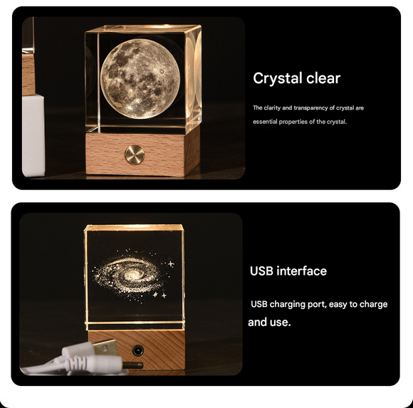 Saturn Luminous 3D Crystal Cube Night Light - Laser Engraved Artwork with Solid Wood Base