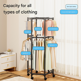 White double layer 360° Rotating Portable Garment Rack - Heavy Duty Rolling Clothes Stand with Wheels for Bedroom & Laundry - 0