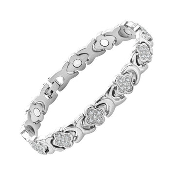 Silver New Fashion Lightweight Luxury Four-Leaf Clover Diamond Inlaid Bracelet - Alloy Magnetic Watch Band Style Bracelet for Women + Free Disassembly Tool