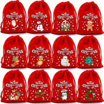 Red flannel Christmas Gift Drawstring Bags Set - Festive Burlap Style Pouches for Candy & Apples - Holiday Decoration - 10 Pcs