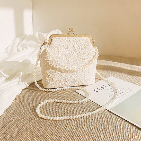 White Elegant Vintage Kiss-Lock Purse with Pearl Straps - Textured Frame Clutch Bag