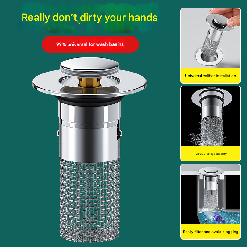 5 PCS Universal Pop-Up Sink Drain Stopper with Anti-Clog Filter Basket - Stainless Steel Hair Catcher & Anti-Odor Plug - 0