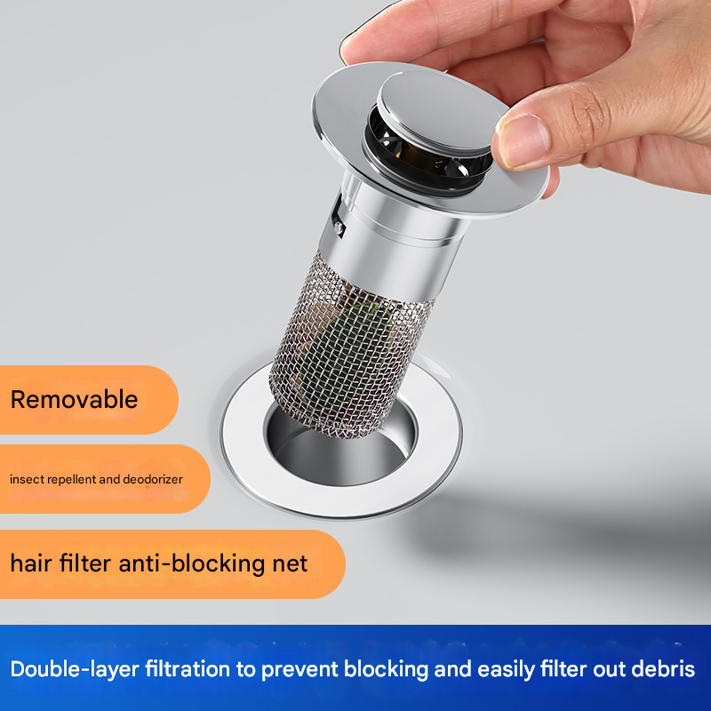 5 PCS Universal Pop-Up Sink Drain Stopper with Anti-Clog Filter Basket - Stainless Steel Hair Catcher & Anti-Odor Plug - 0