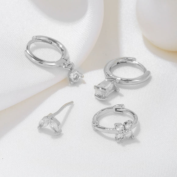 Four-piece set Silver Delicate CZ Earring Stacking Set - Huggie Hoops & Studs for Multiple Piercings