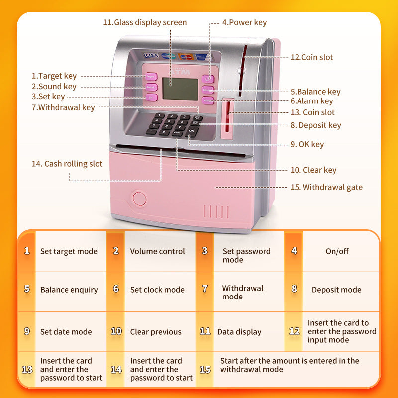 Pink Digital ATM Savings Bank for Kids - Electronic Piggy Bank with PIN & Card for Real Money - 0