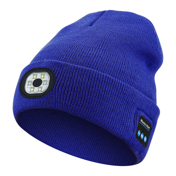Blue Wireless Bluetooth Beanie Hat with USB Rechargeable LED Headlight - Unisex Knit Cap for Running & Camping