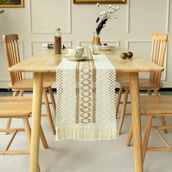 2-PCS Hexagon Bohemian Woven Table Runner with Tassels - Rustic Farmhouse Decor for Dining & Coffee Tables