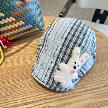 Patchwork Plaid Cotton Cap with Decorative Details(blue)