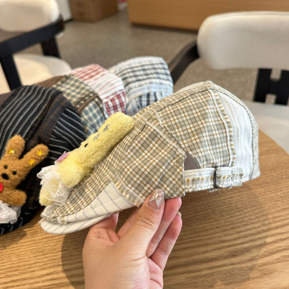 Patchwork Plaid Cotton Cap with Decorative Details(yellow)
