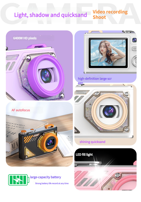 Glitter Sand Design 64MP HD Digital Camera with LED Fill Light & Auto Focus(purple)