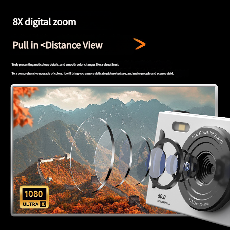 50MP HD Digital Camera with 8X Zoom & Dual Lens System(rose red) - 0