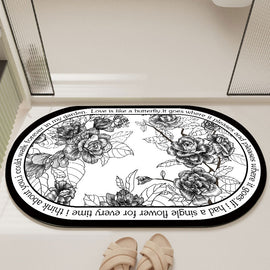 Elegant Floral Print Absorbent Floor Mat - Quick Dry, Non-Slip, Easy Clean Bathroom & Entryway Rug(Black and White)