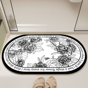 Elegant Floral Print Absorbent Floor Mat - Quick Dry, Non-Slip, Easy Clean Bathroom & Entryway Rug(Black and White)