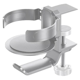 Two desktop clip-on cup holders and headphone hanger - adjustable, non-slip silicone, maximum load 15KG(silver)