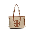 Stylish Large Capacity Tote Bag with PU Leather Trim & Logo Detail(Beige with brown)-1